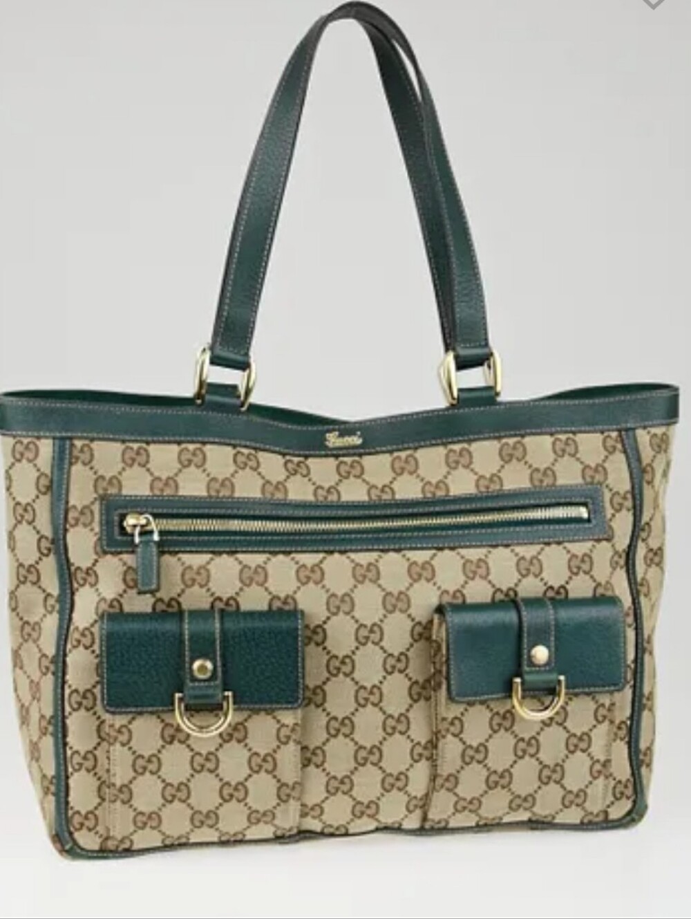 Gucci Y2K Beige/Green GG Canvas Abbey Pocket Tote Bag